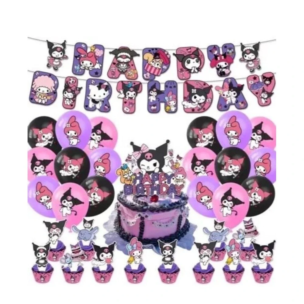 Kawaii Sanrio Kuromi & My Melody Birthday Party Banner Balloons Cake Toppers Set
